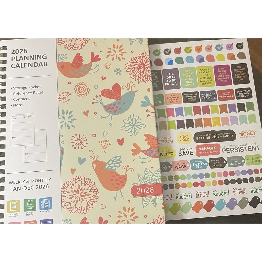 2026 Weekly Monthly Planner Spiral Bound Birds Floral Cover with Stickers